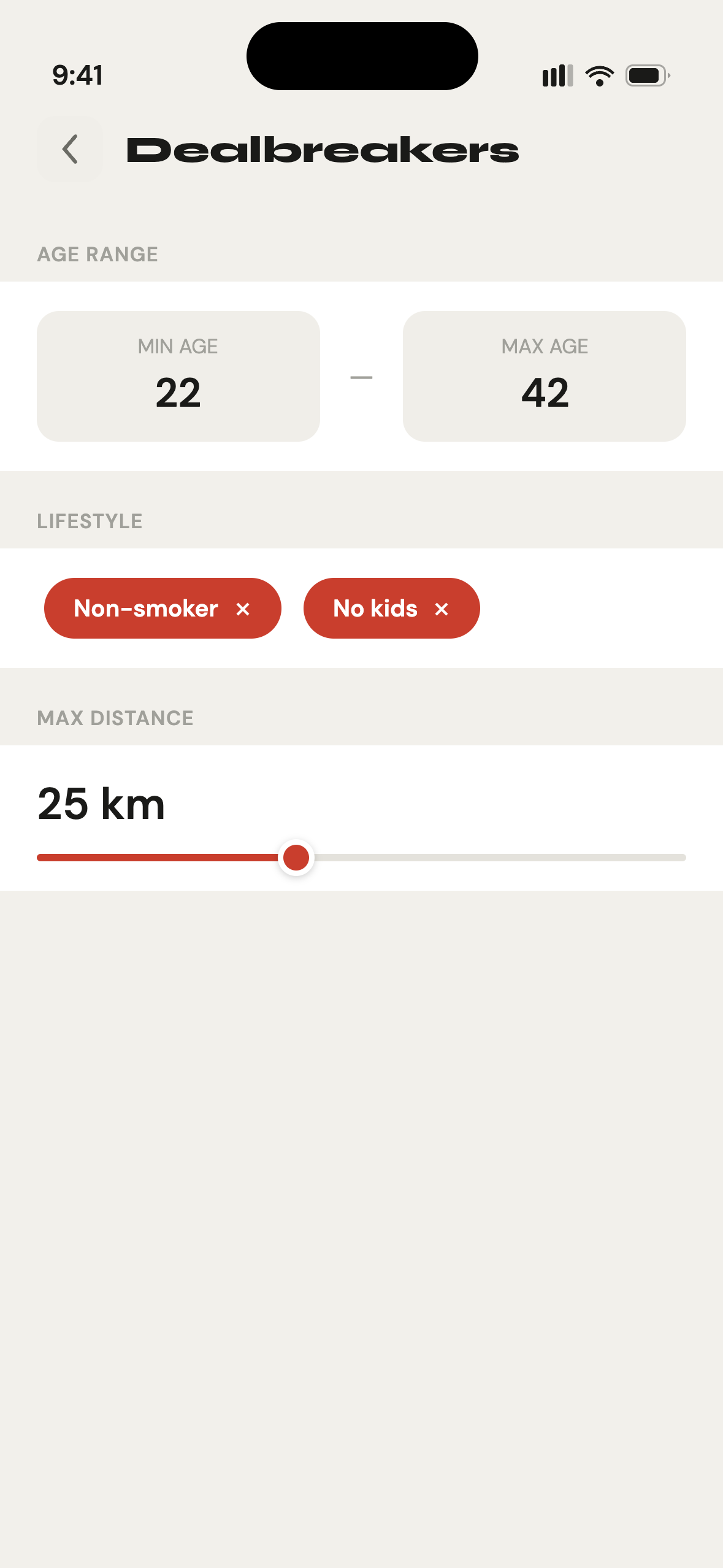 Gettit Dealbreakers screen showing hard filters for age range, lifestyle, and distance
