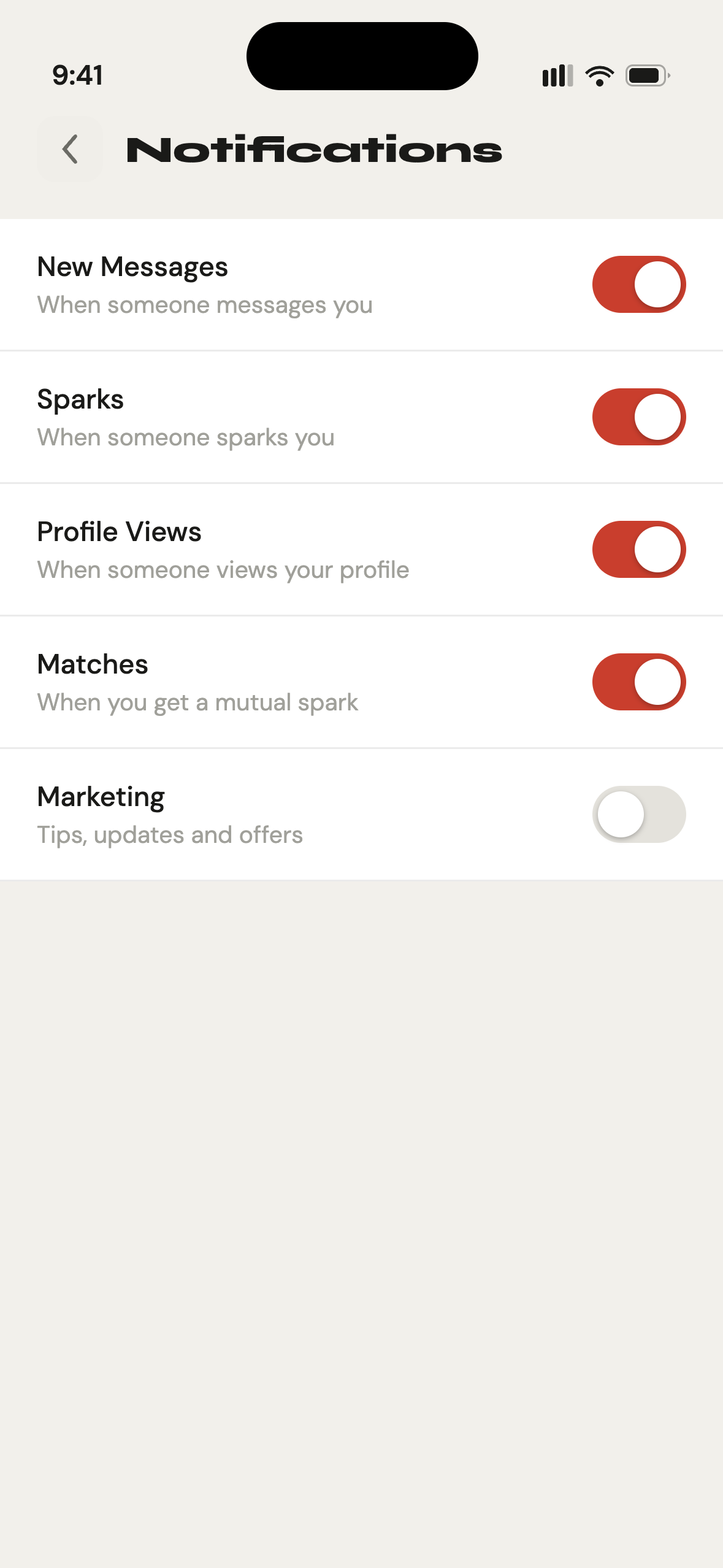 Gettit Notifications settings showing marketing notifications disabled by default