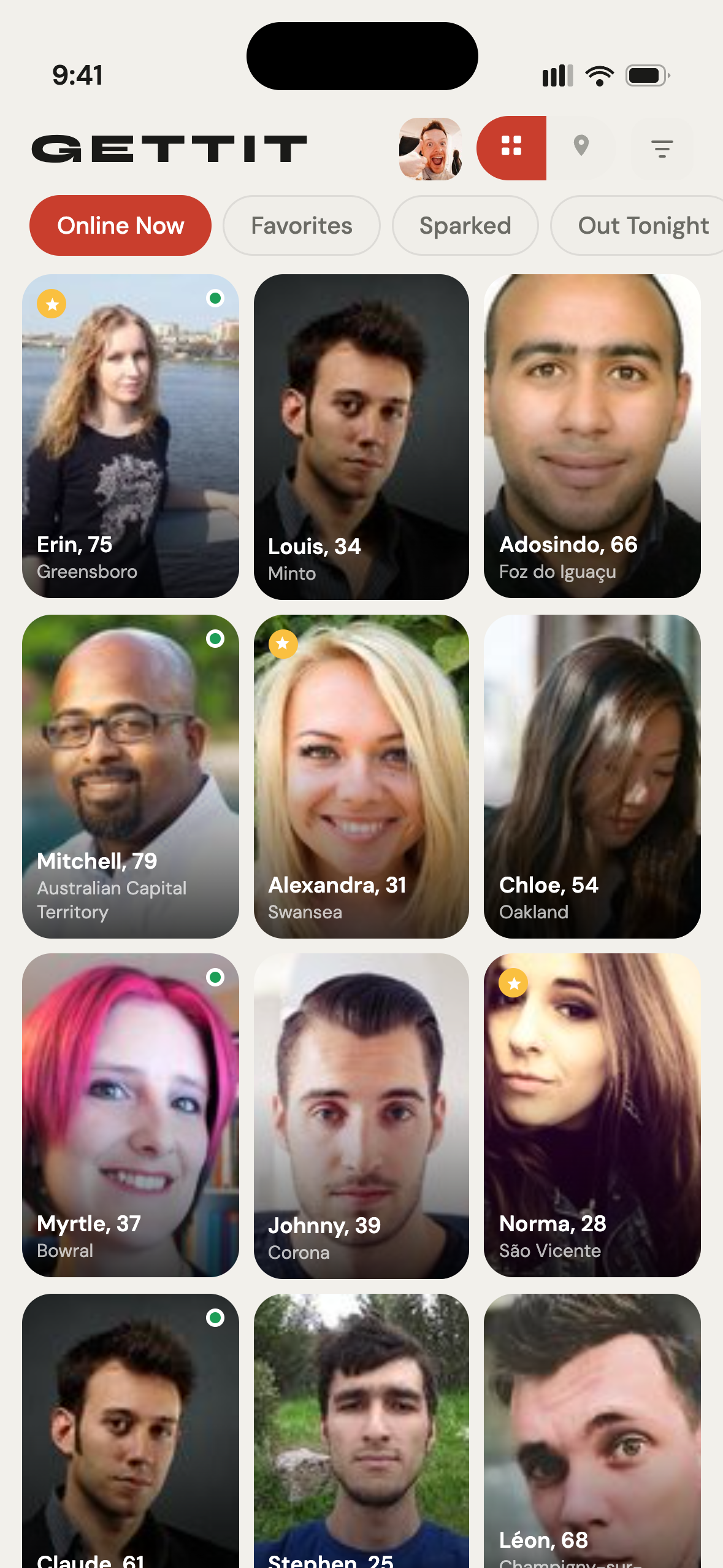 Gettit proximity grid showing nearby users sorted by distance
