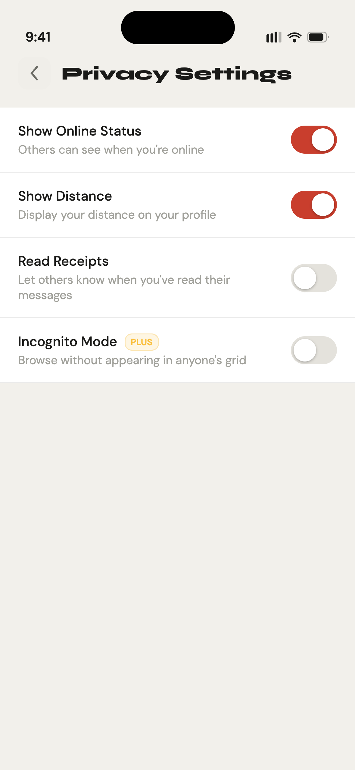 Gettit privacy settings screen
