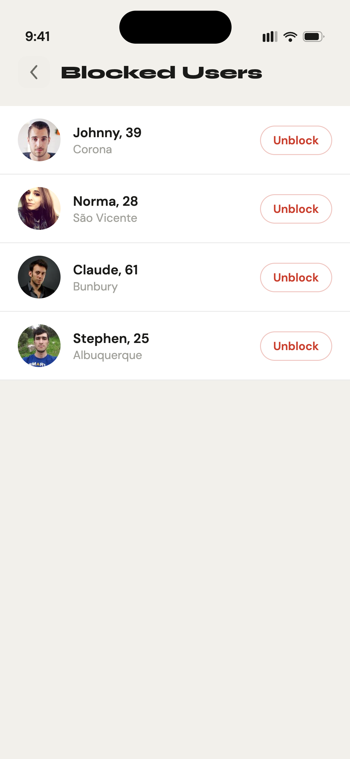 Gettit blocked users list showing safety controls