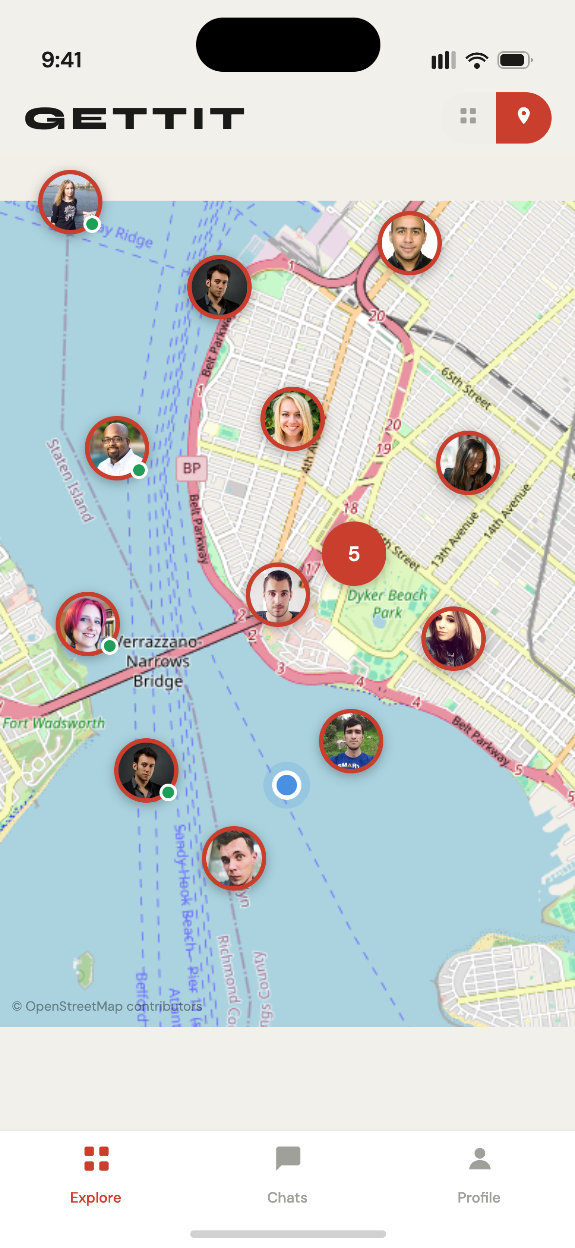 Gettit map view — see verified users on an interactive neighborhood map