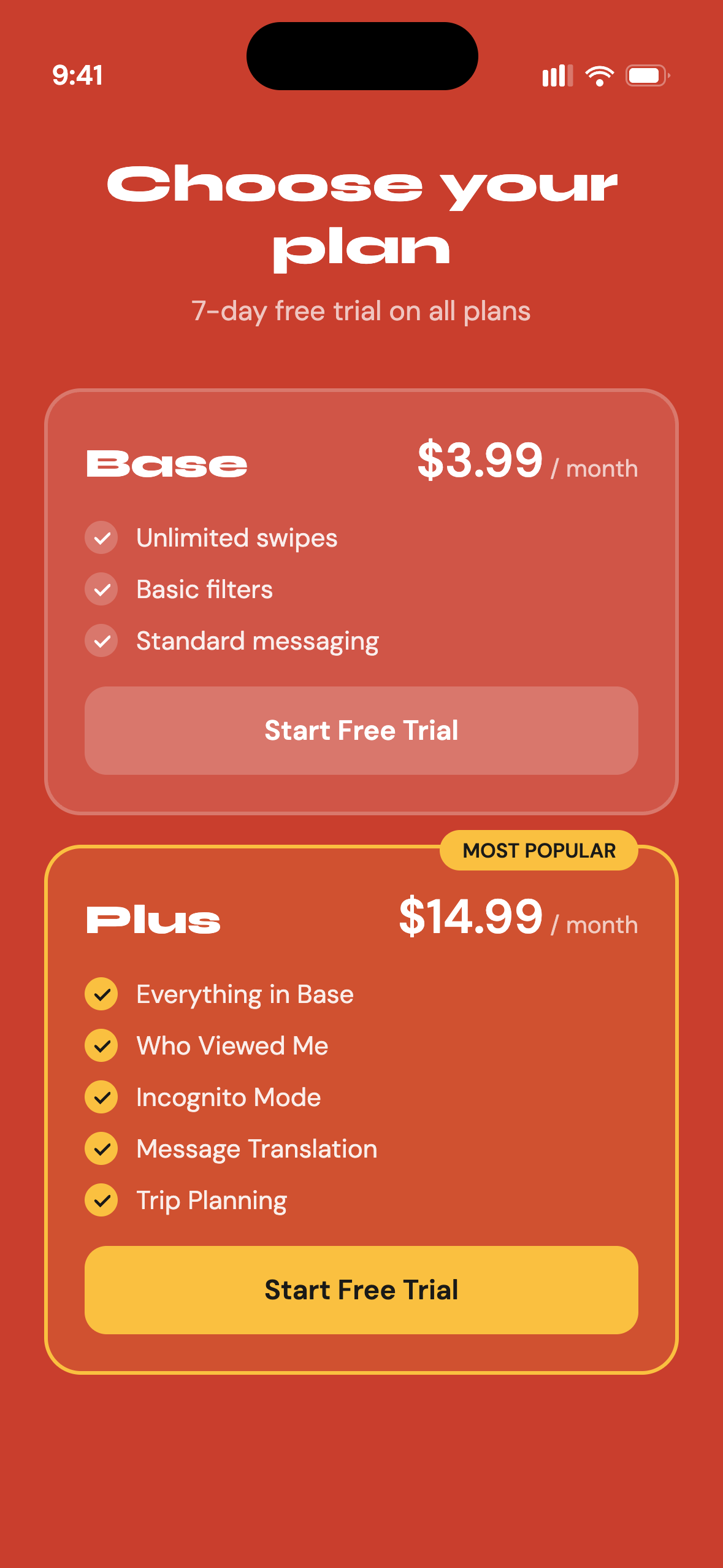 Gettit subscription screen showing Base and Plus pricing